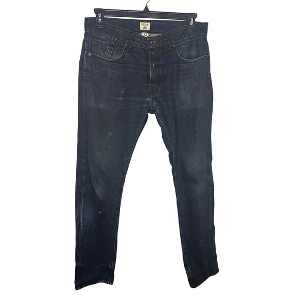 Railcar Fine Goods Jeans Men's Size 33 Dark Denim Distressed Straight Leg Button - Picture 1 of 8